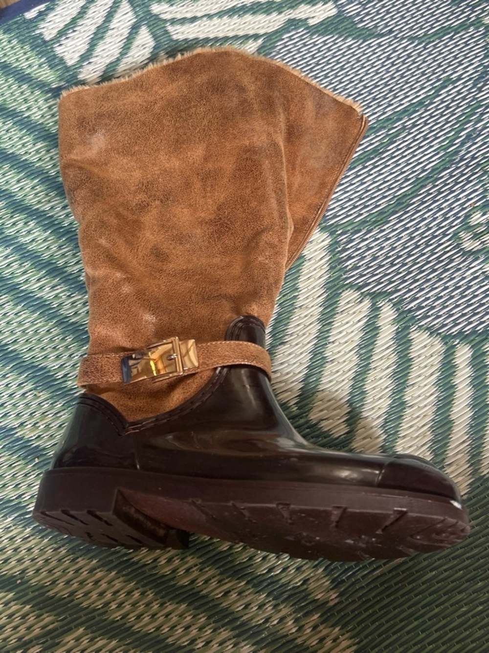 Rouge! Brown Suede and Black Patent Rain Boots with Gold Buckle